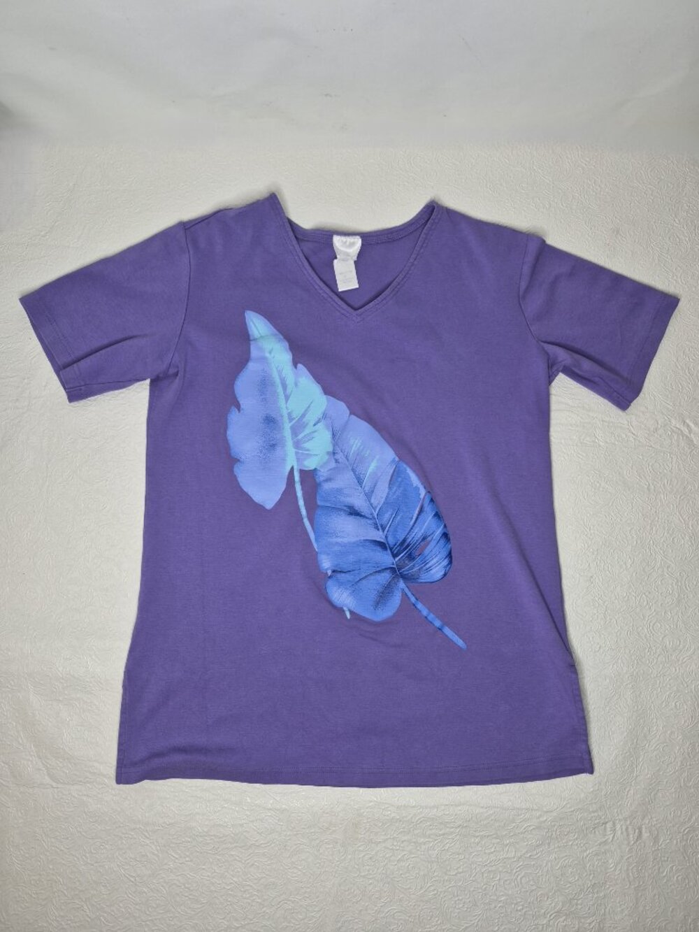 Spiegel Womens S Purple Short Sleeve Cotton V-Neck T-Shirt Tropical Leaf Graphic